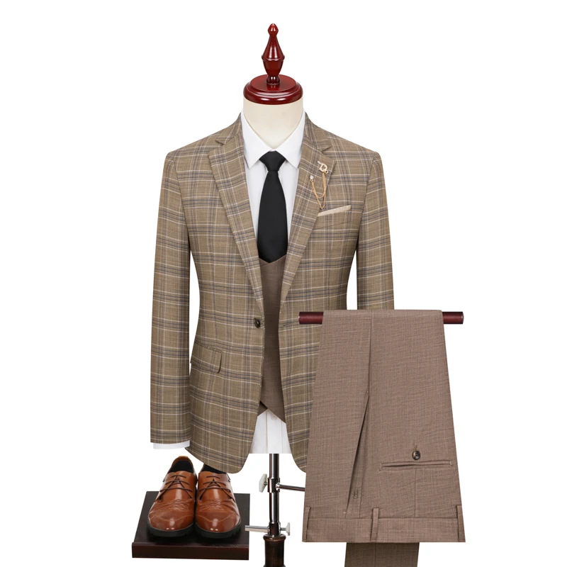 Traje (Blazer + chaleco + pantalones) traje de boda informal de fiesta de estilo británico para banquete a cuadros de negocios de caballero a la moda para hombre