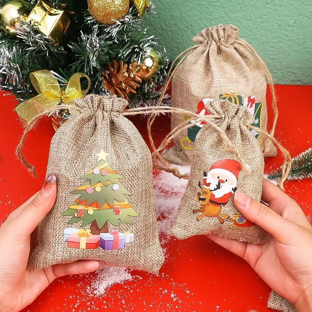 1/10PCS Natal Linho Drawstring Sacos Doces Biscoitos Bolsas Serapilheira Pulseira Sacos De Armazenamento De Jóias Xmas Kids Gift Packaging Bags