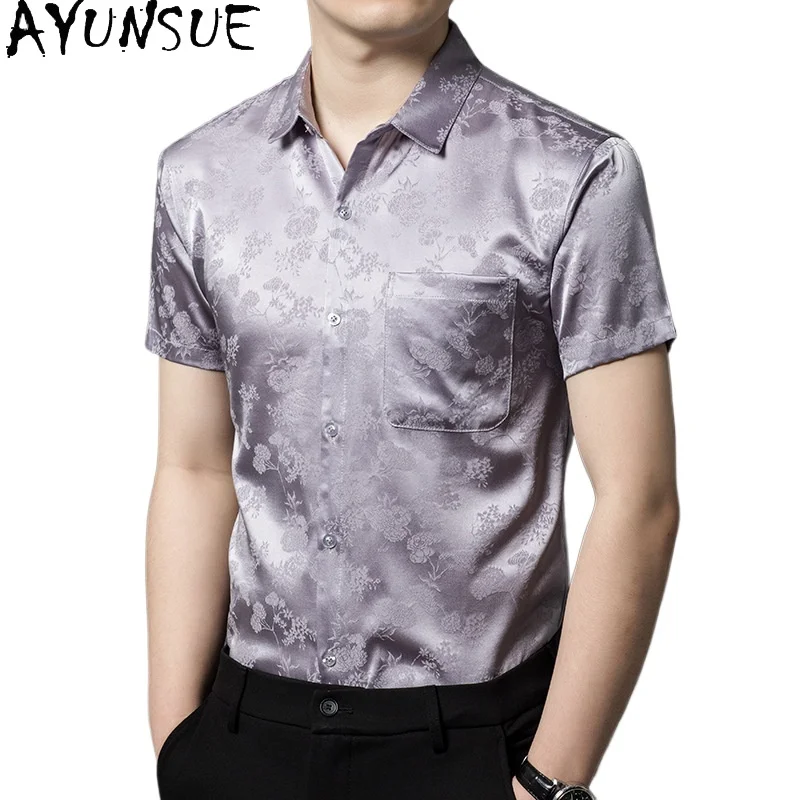 

AYUNSUE New 100% Real Mulberry Silk Shirt Man Clothing Summer Tops 2026 Solid Color Short Sleeve Shirts Casual Smooth Men Shirt