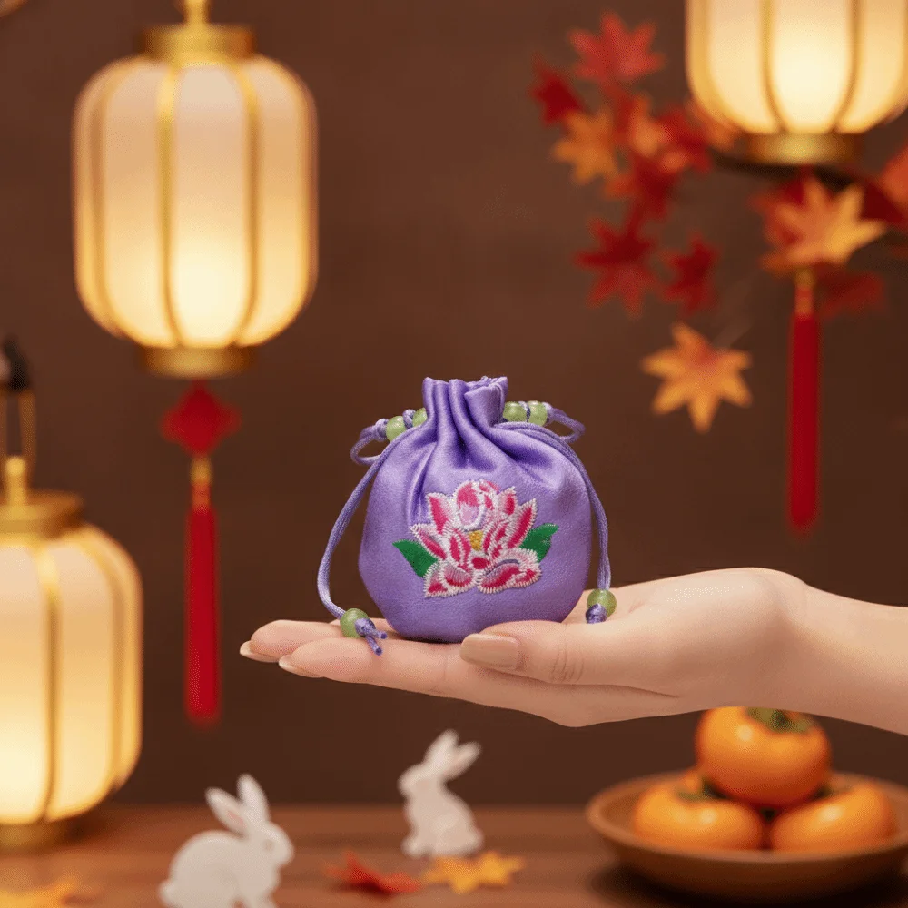 Lotus Embroidery Embroidered Sachet Drawstring Closure Beads Lotus Drawstring Bag Empty Pouch Mini Size Vintage Chinese Pouch