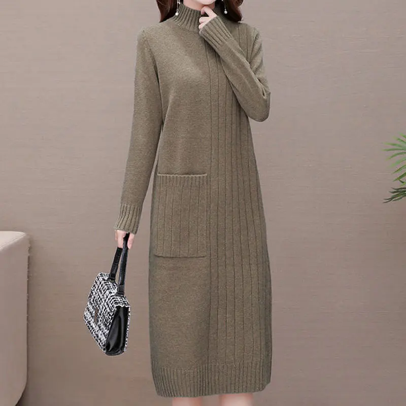 Turtleneck Fashion Women's Clothing Solid Patchwork Pocket Autumn Winter Thin Interior Lapping Undercoat Long Sleeve Dresses