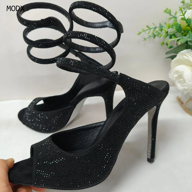

2026 Women's Black Rhinestone Peep Toe High Heel Sandals, Sparkly Diamond Wrap Around Ankle Strap Stiletto Heels, Glitter Open
