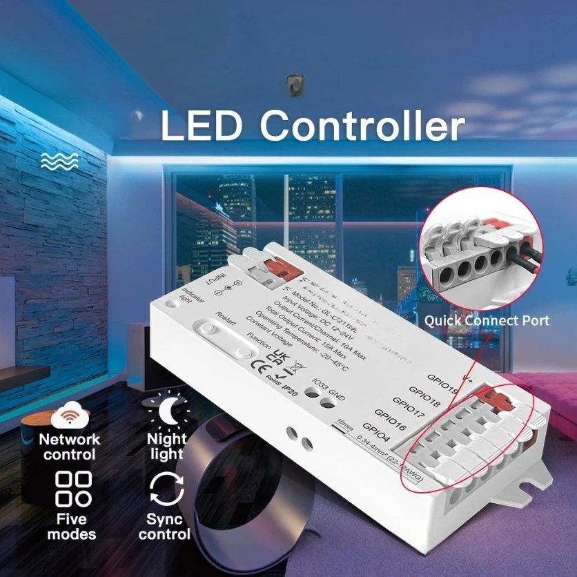 

Compact WiFi For PWM LED Strip Controller 5 in 1 App Control DC12 24V 15A for WLED designed for DIY installation and easy wiring