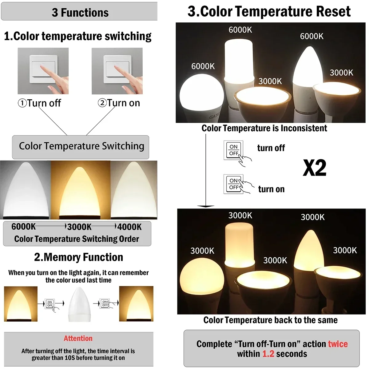 LED Smart Color Adjusted Bulb AC110V AC220V 3W-9W CCT, Memory Function, Color Temp Reset Light for Interiors Lighting