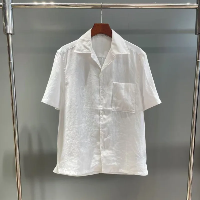 

Льняная мужская рубашка с коротким рукавом и отложным воротником, модная деловая повседневная белая рубашка, дышащая, для летней носки