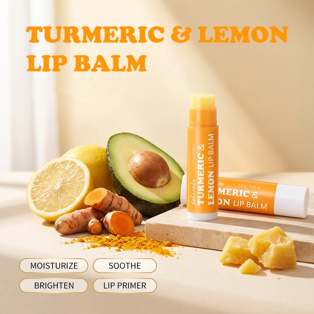 Lakerain Turmeric & Lemon Lip Balm Long-lasting Hydration Even Out Skin Tone Natural Brightening Lip Color Improve Dark Lip Balm