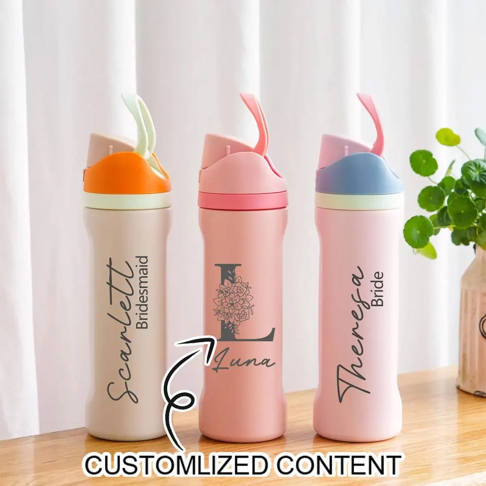 Personalized Name Water Bottle Custom Palm Tree Print Sports Water Bottle Portable Flip‑Top Lid Drink Bottle Birthday Gifts.