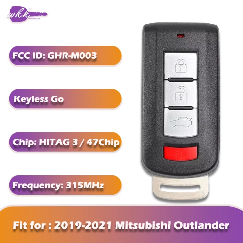 WKK GHR-M003 Smart Remote Car Key for 2019 2020 2021 Mitsubishi Outlander with HITAG 3 / ID47 315MHz Keyless go Car Key