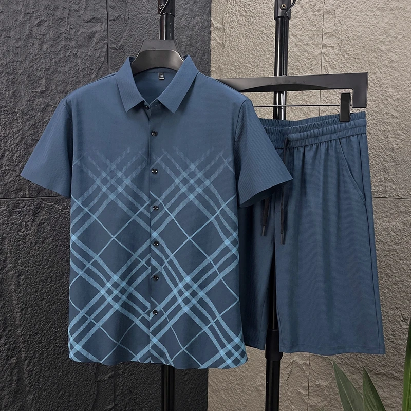 

2026 Summer Men's Short Sleeve Lapel Shirt Shorts Set Breathable Thin Plaid Casual Breathable Quick Drying Cool Two-piece Set