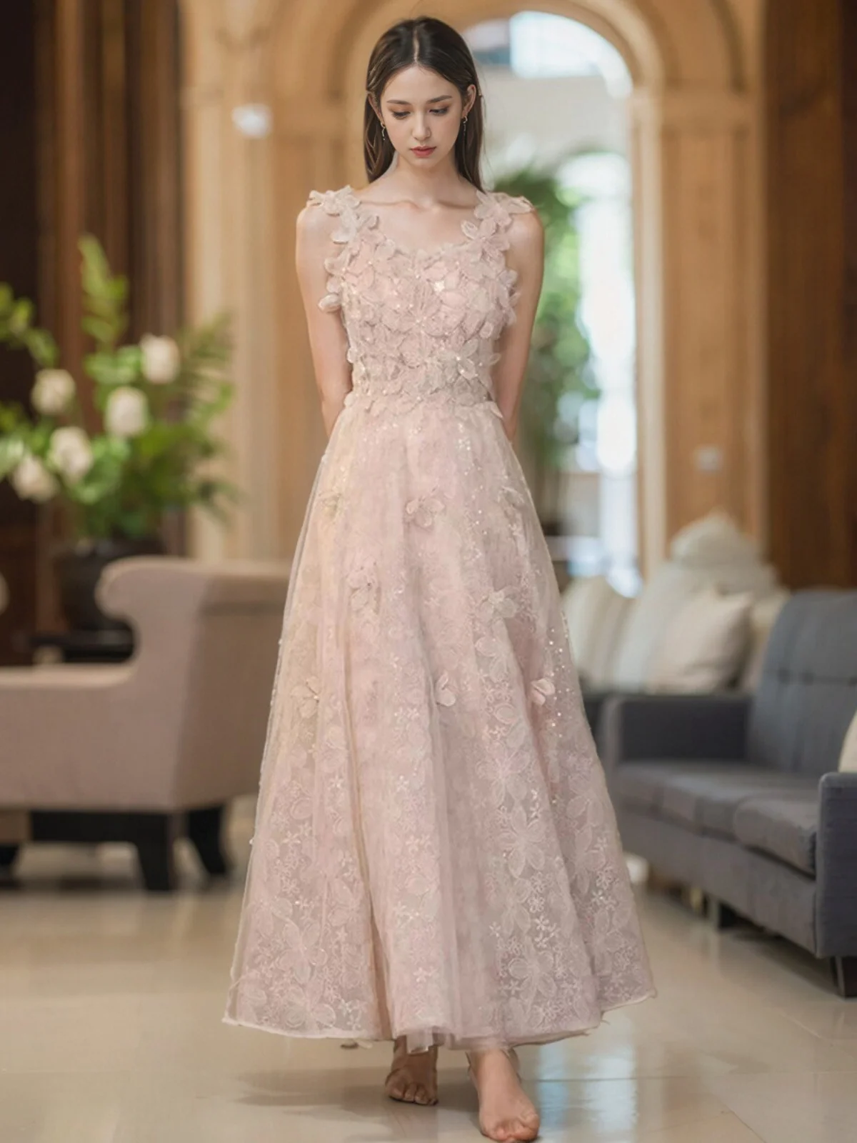 Ele สีชมพูลายดอกไม้ยาว Dr Strapl วันเกิดพาร์งานแต่งงานอาหารค่ําฉลอง A-Line กระโปรงชุดสีส้ม Sve