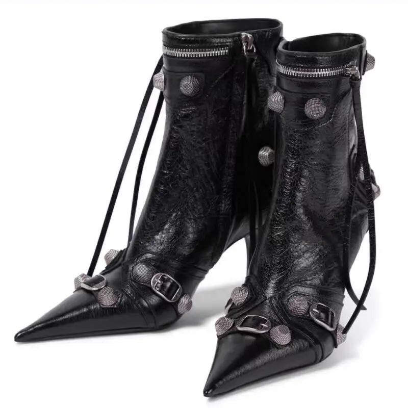 Nowe botki jesień zima moda frędzle wskazówka cienki obcas buty i zabawy Punk Style nit buty motocyklowe Size43 kobiet buty