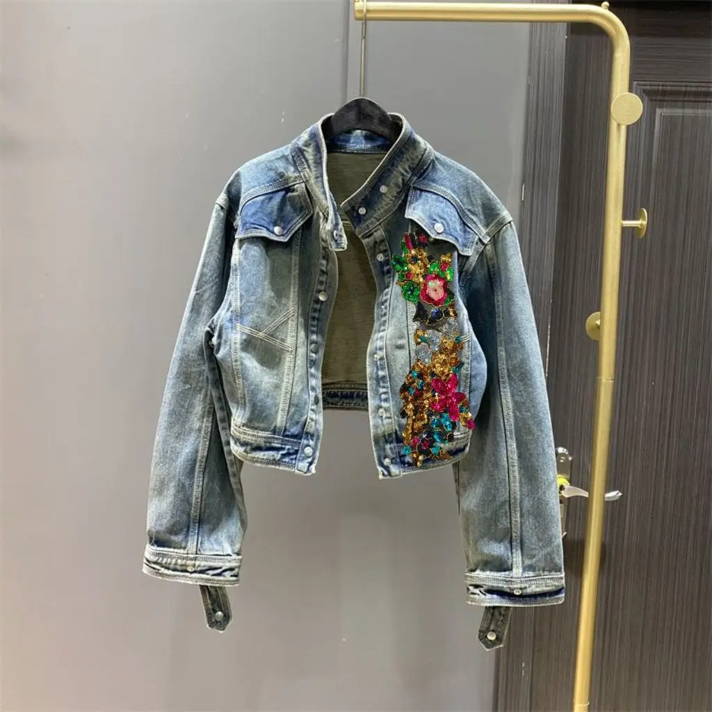 

Весна 2025: Новинка! Женская джинсовая куртка-топ с длинными рукавами, расшитая пайетками и стразами, свободного кроя, на пуговицах, для повседневной носки, яркая и стильная.