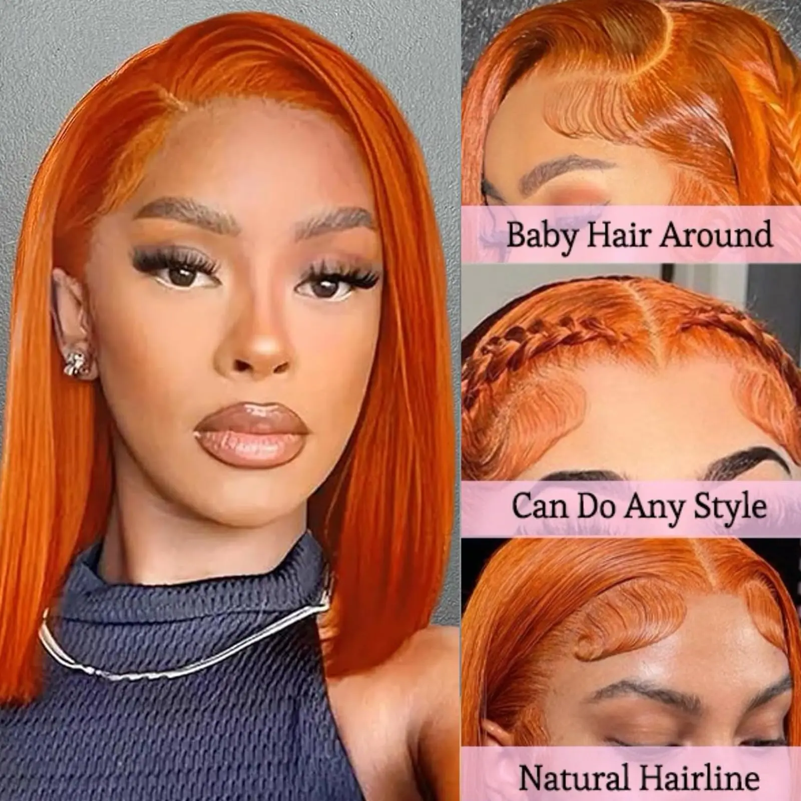 

12Inch Ginger Orange Bob Lace Front Wigs Human Hair 180%Density 13x4 HD Transparent Lace Frontal Wigs Pre Plucked with Baby Hair
