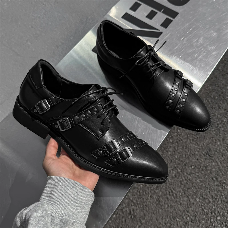 

Original Design Spring New British Yuppie Style Daily Banquet Party Dress Black Metal Pointed Leather Shoes For Men's Women's