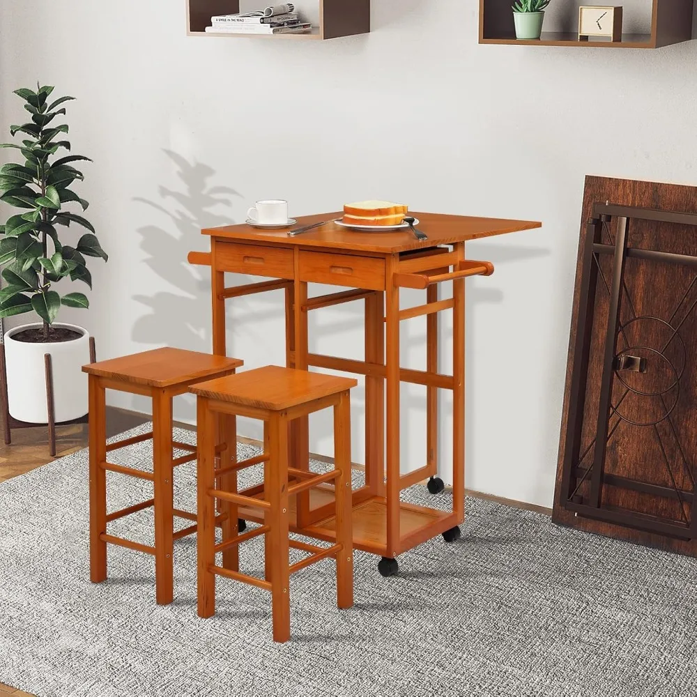 Kitchen Island Trolley Cart with 2 Square Stools and 2 Drawers Solid Wood Drop Leaf Table Easy Put Together