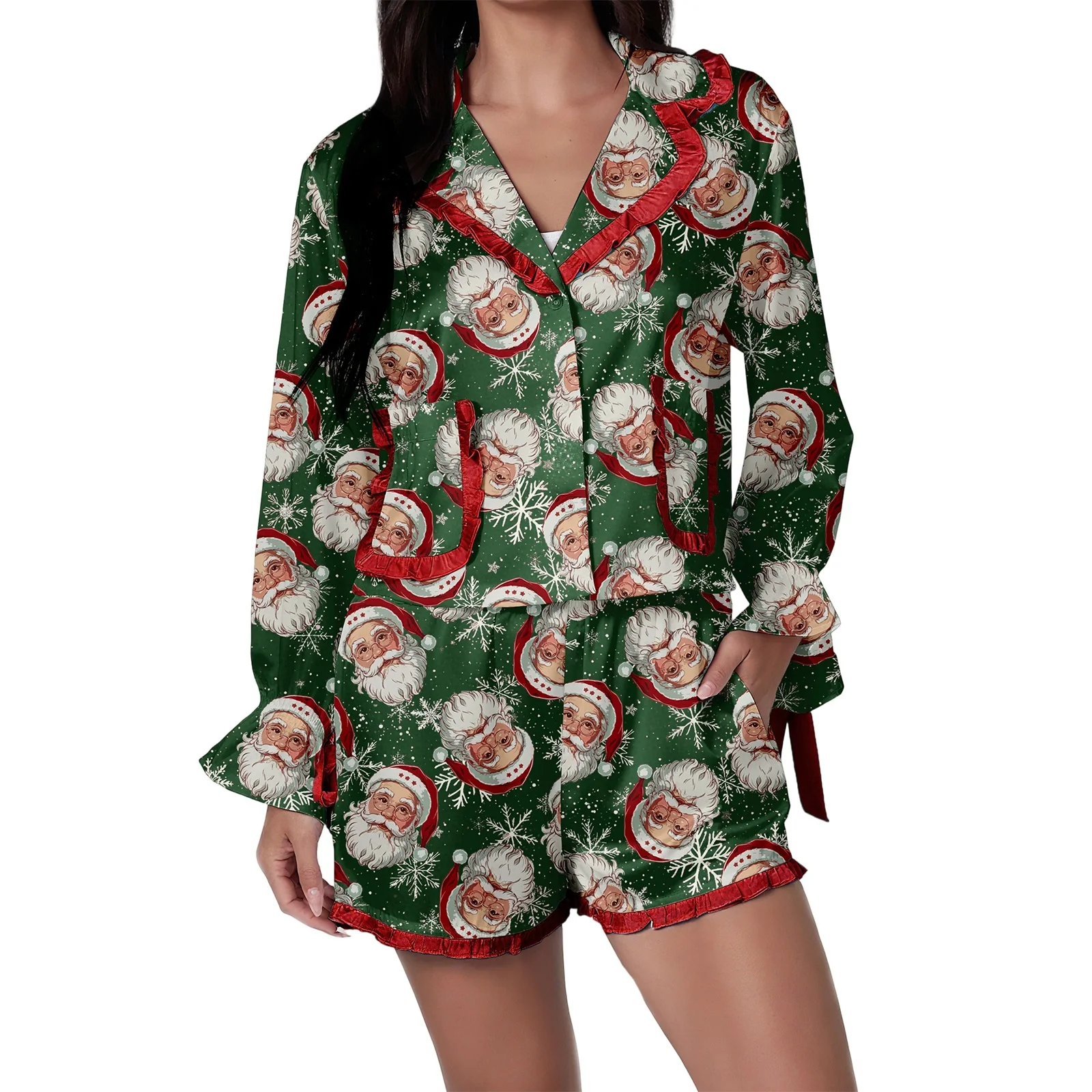 

Womens Christmas Pajamas Sets Print Button Up Long Sleeve Lapel V Neck Tops and Shorts Lounge Wear 2 Pcs Set