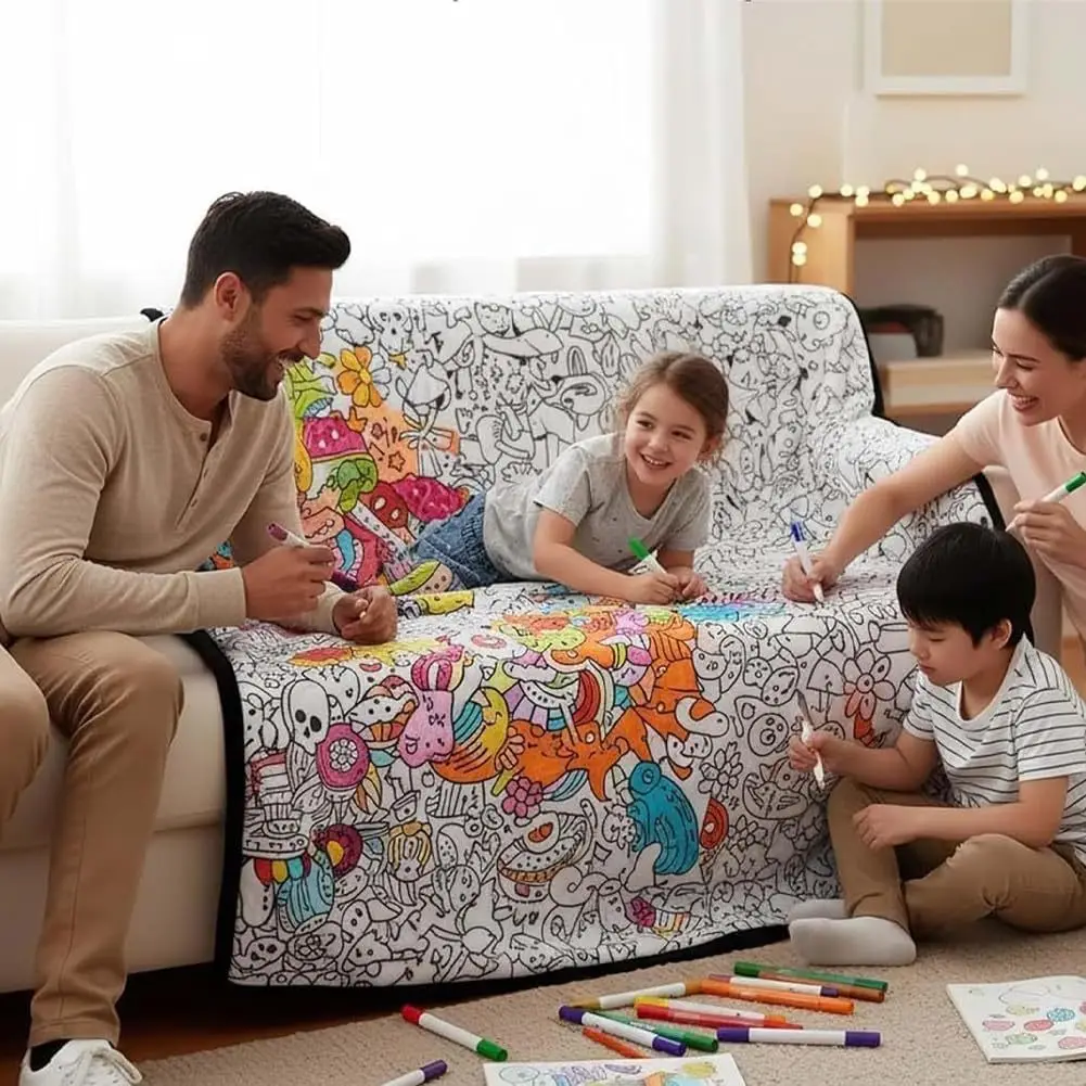 Handmade DIY Coloring Blanket Animal Design Color Your Own Blanket Interactive Parent Child Art Blanket For Kids Family Fun