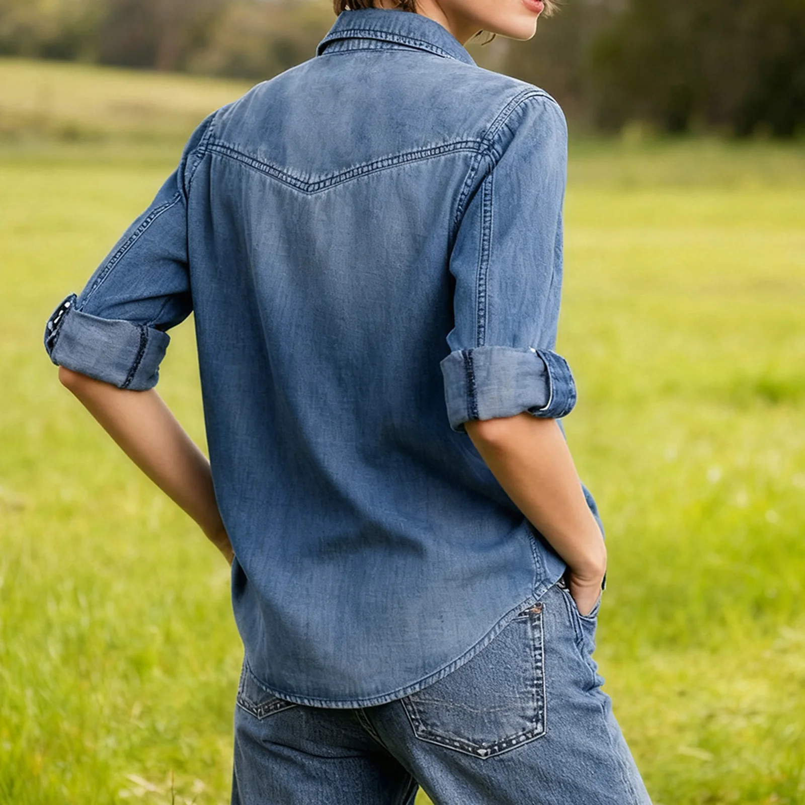 Women's Long Sleeve Denim Shirt Button-Down Solid Color Casual Daily Top with Pockets for Fall