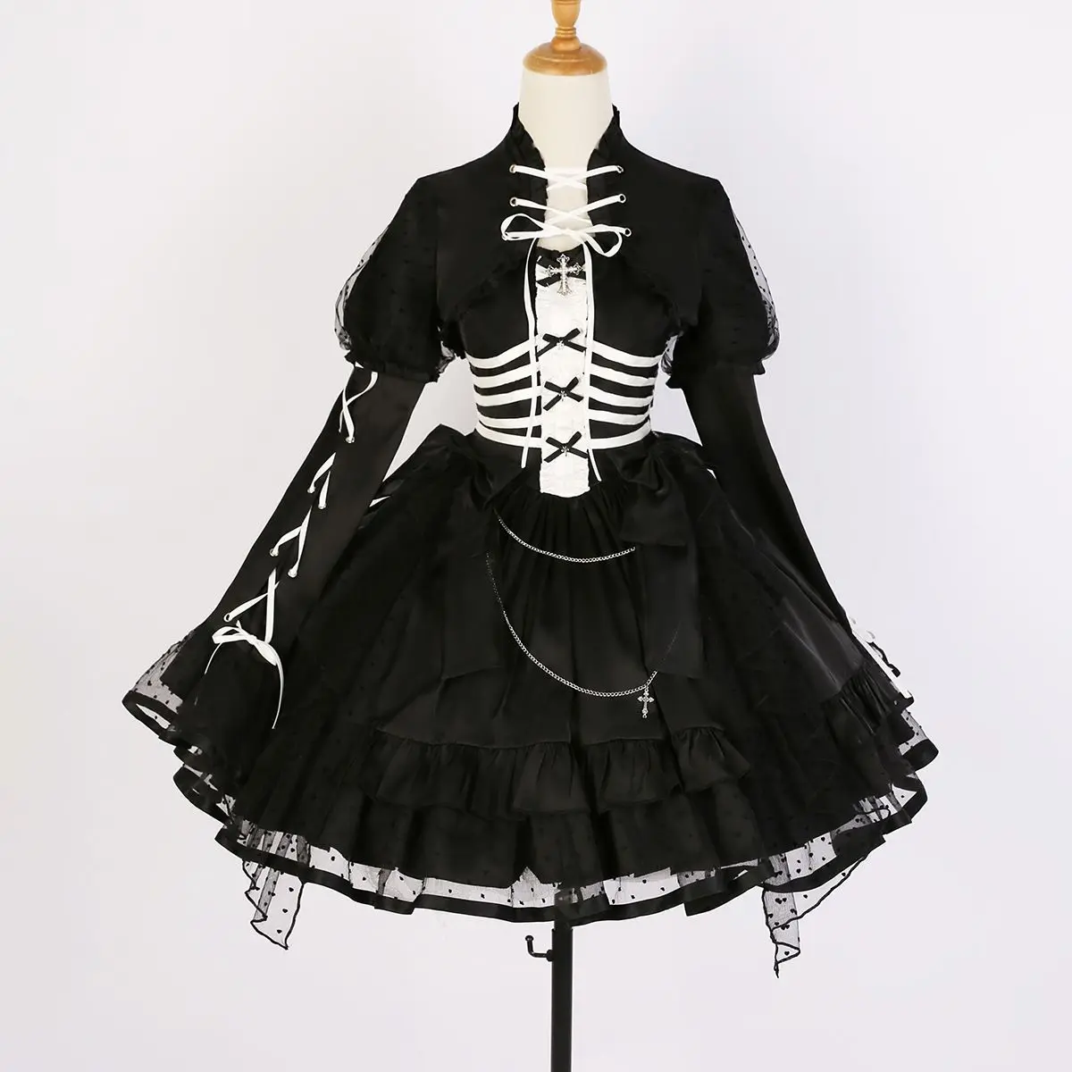 

CON Victorian Dark Gothic Lolita Jsk Dress Women Vintage Bow Lace-up Princess Strap Dresses Coat Girl Halloween Goth Dress Set