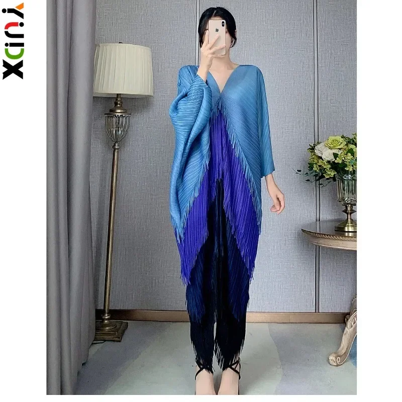 

YUDX Miyake Pleated Fringed Dress Women 2024 New Autumn V-neck Contrasting Bat Sleeves Fishtail Loose Fashionable One-step Skirt