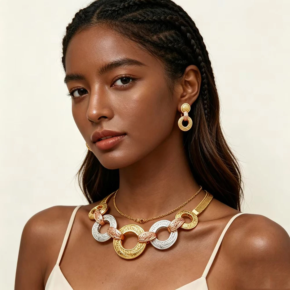 Jewelry Set for Women Tri-Color Hollow Circle Necklace and Drop Earrings Gold Silver Rose Gold Statement Bib Necklace