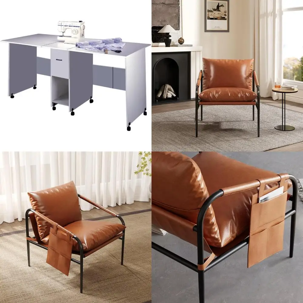 كرسي جلدي لغرفة المعيشة بإطار معدني وأذرع مبطنة وجيوب جانبية وحشو قطن حبيبي - Op باللونين الأسود والبني #1