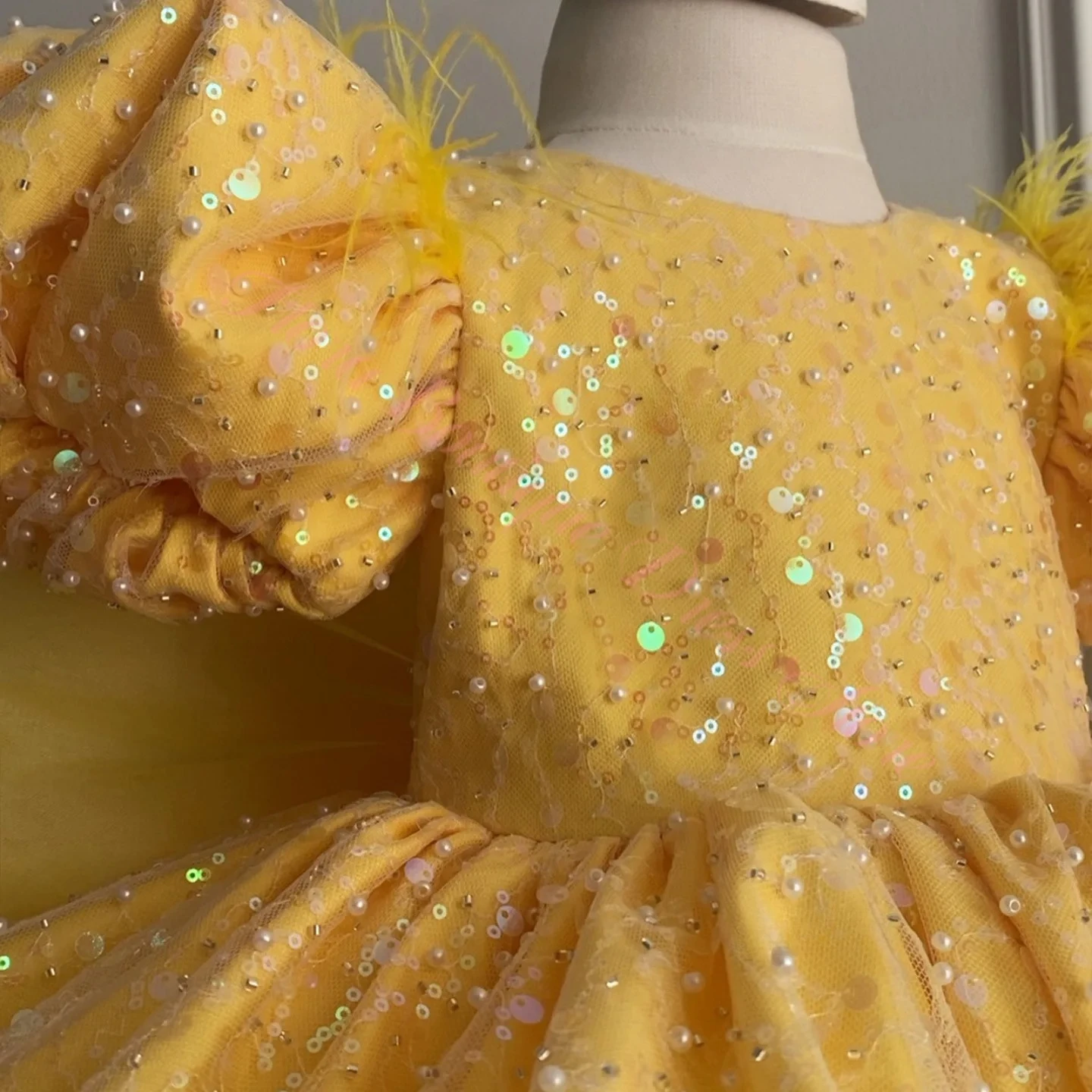 Puff Sleeve Princess Flower Girl Dress Kids Birthday Performance Little Kids Performance Dance Gown Yellow New Style Elegant