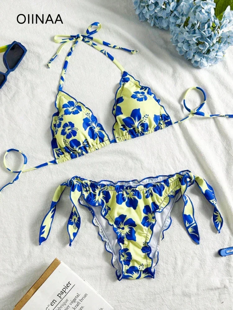 

OIINAA Ruffle Floral Printed Bikini Set Women Sexy Swimsuit Two-Piece Backless Female Swimwear Bathing Summer Fashion Beachwear