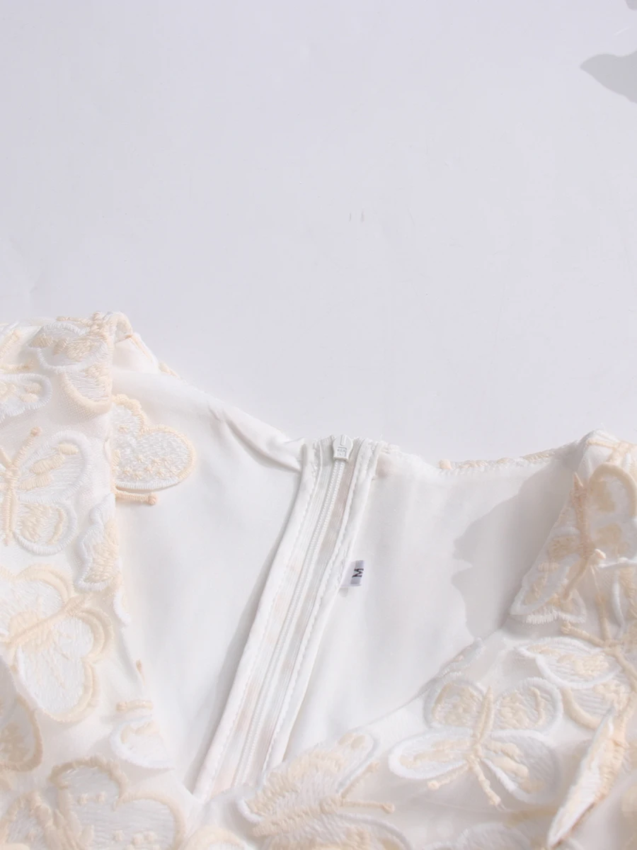 ชุดเดรสทรงบอดี้คอนปักลายปะติดระดับไฮเอนด์ VGH สำหรับผู้หญิง คอวี แขนพอง เอวสูง ทรงเข้ารูป หรูหรา สไตล์มินิเดรส เสื้อผ้าผู้หญิง