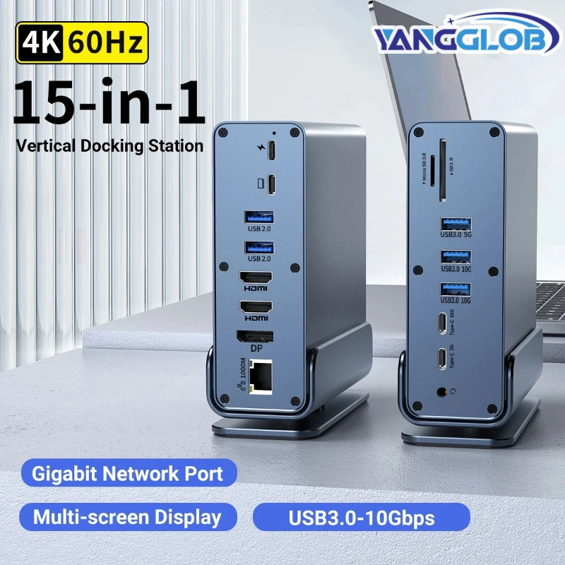 15 In 1 USB C HUB 4K 60Hz Type C Docking Station wtih USB 3.0 HDMI DisplayPort PD 100W RJ45 SD/TF Audio 3.5 for Macbook Laptop