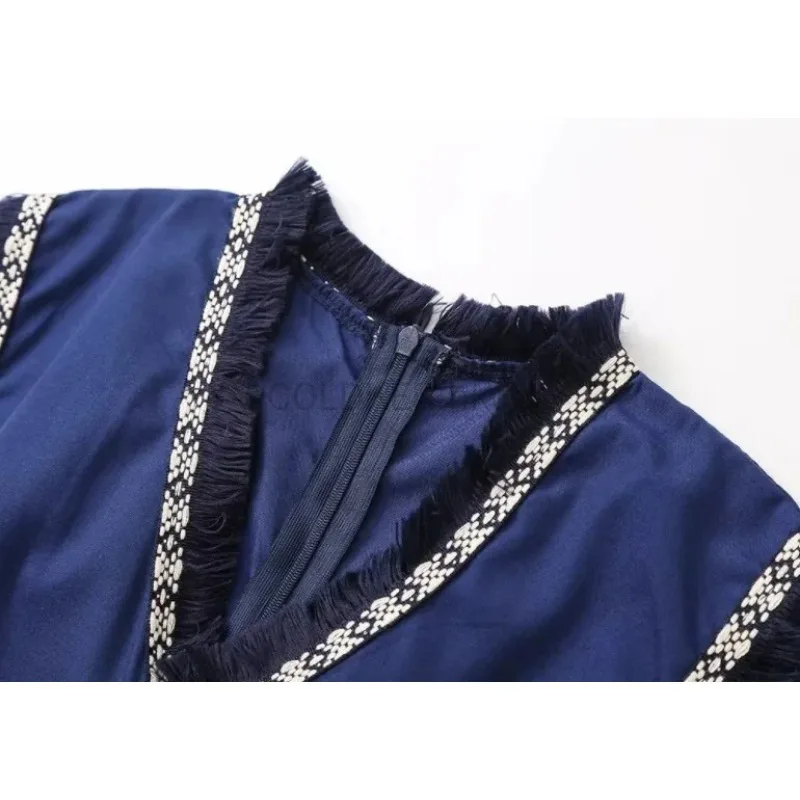 فستان نسائي على شكل حرف A بدون أكمام فستان ماكسي أزرق برقبة على شكل حرف V عصري عبر الحدود على الطراز الأوروبي الأمريكي #3