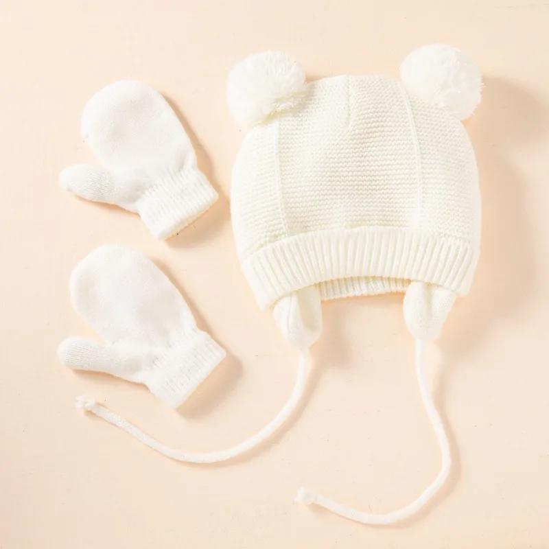 Winter new baby wool cap solid color children\'s warm knitted hat gloves two-piece set baby accessories newborn