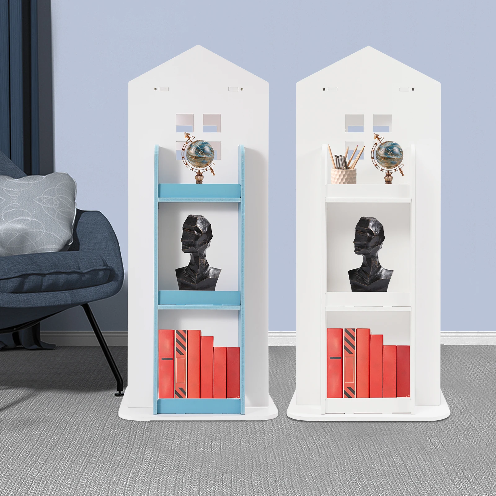 

360° Rotating House Bookcase 3 Tier Swivel Bookshelf Stackable Bookcases Organizer Book Display Shelf