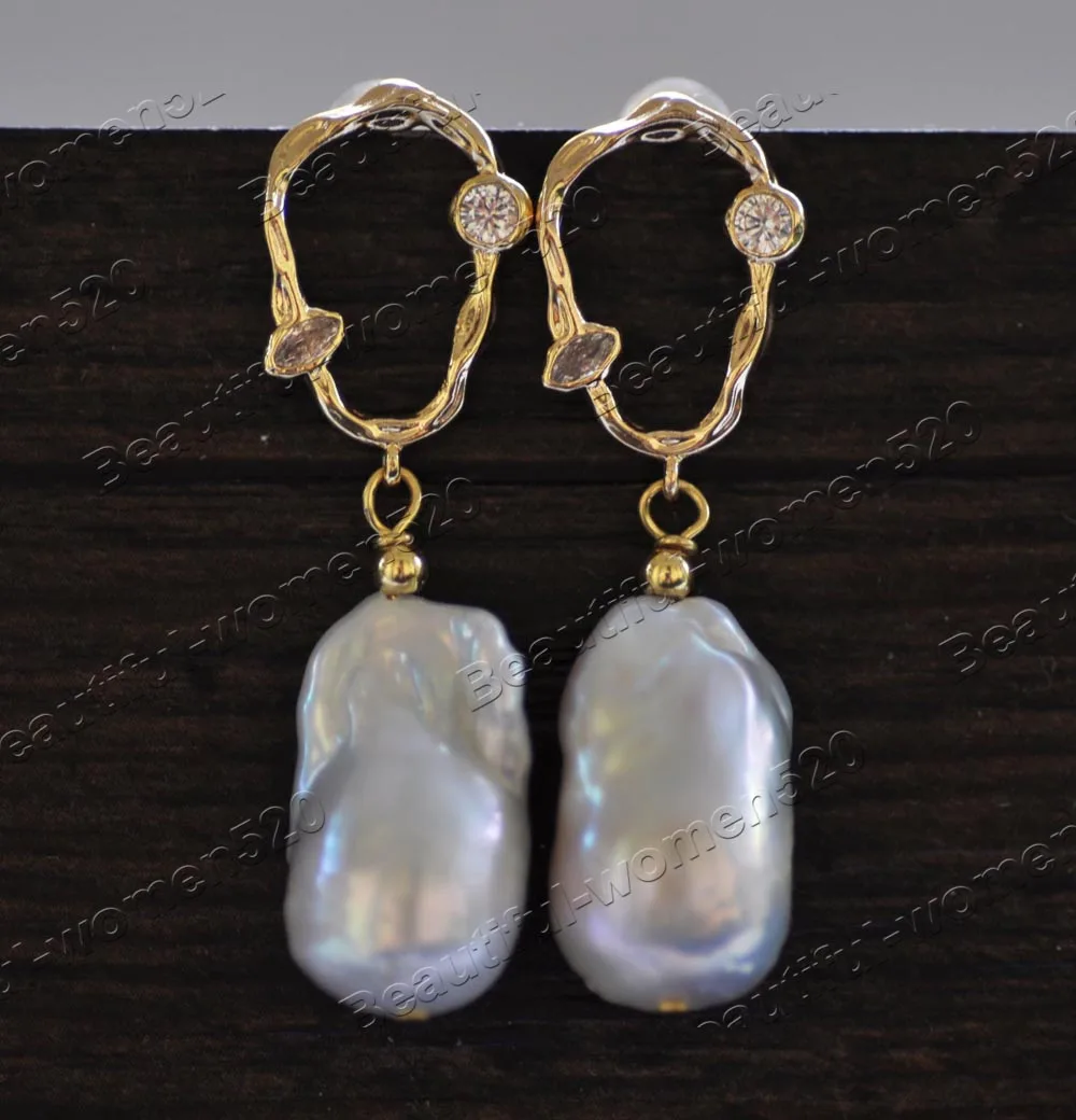 MTC·STARZ Z12739 21mm White Baroque Keshi Reborn Pearl Dangle Earring CZ