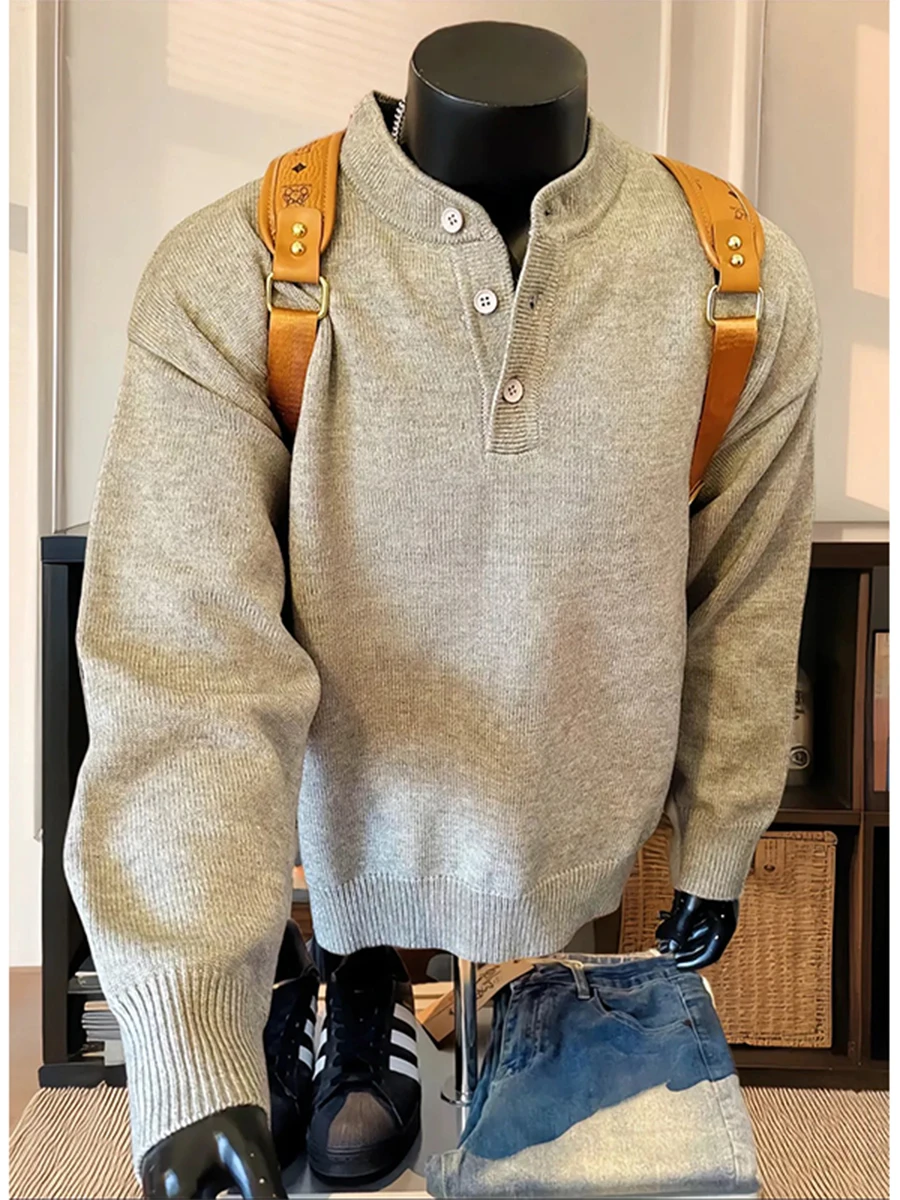 

Light ey Men's Henley Ne Knitwear Winter Lazy Sle Overhead Coat American Retro Inner Wear Base Layer Knitted irt