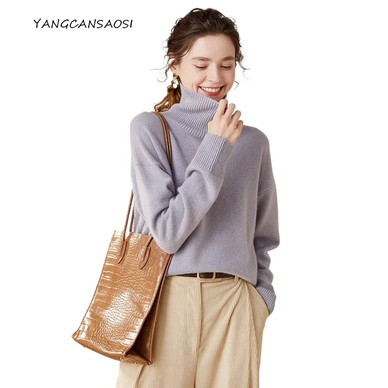 

2025 Women's Fashion Autumn/Winter New Sweater 100% Pure Cashmere High Neck Lazy Style Loose Long Sleeved Solid Color Pullover