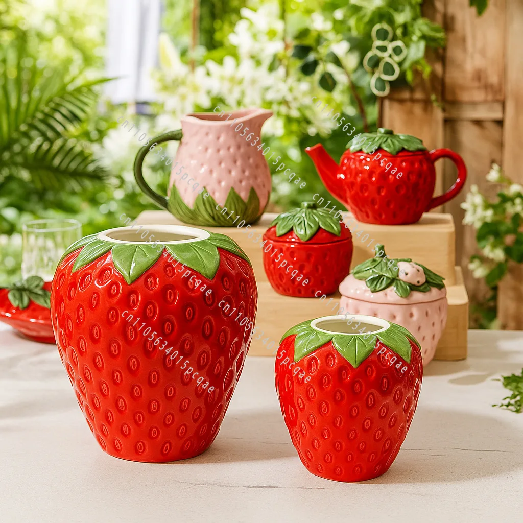 Cute Pet Strawberry Fruit Shaped Ceramic Vase and Pot Ornament for Soft Decor