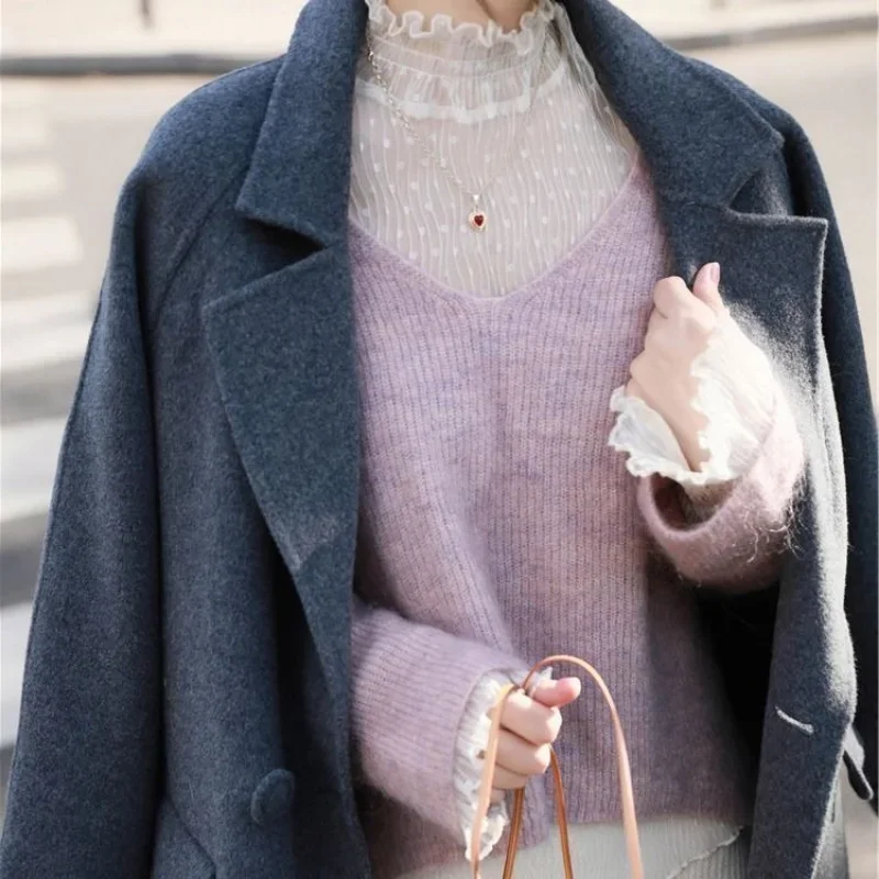 Bella Philosophy 여성 하이 칼라 메쉬 원근법 블라우스 여름 얇은 슬림 바닥 레이스를 통해 볼 긴 플레어 슬리브 탑