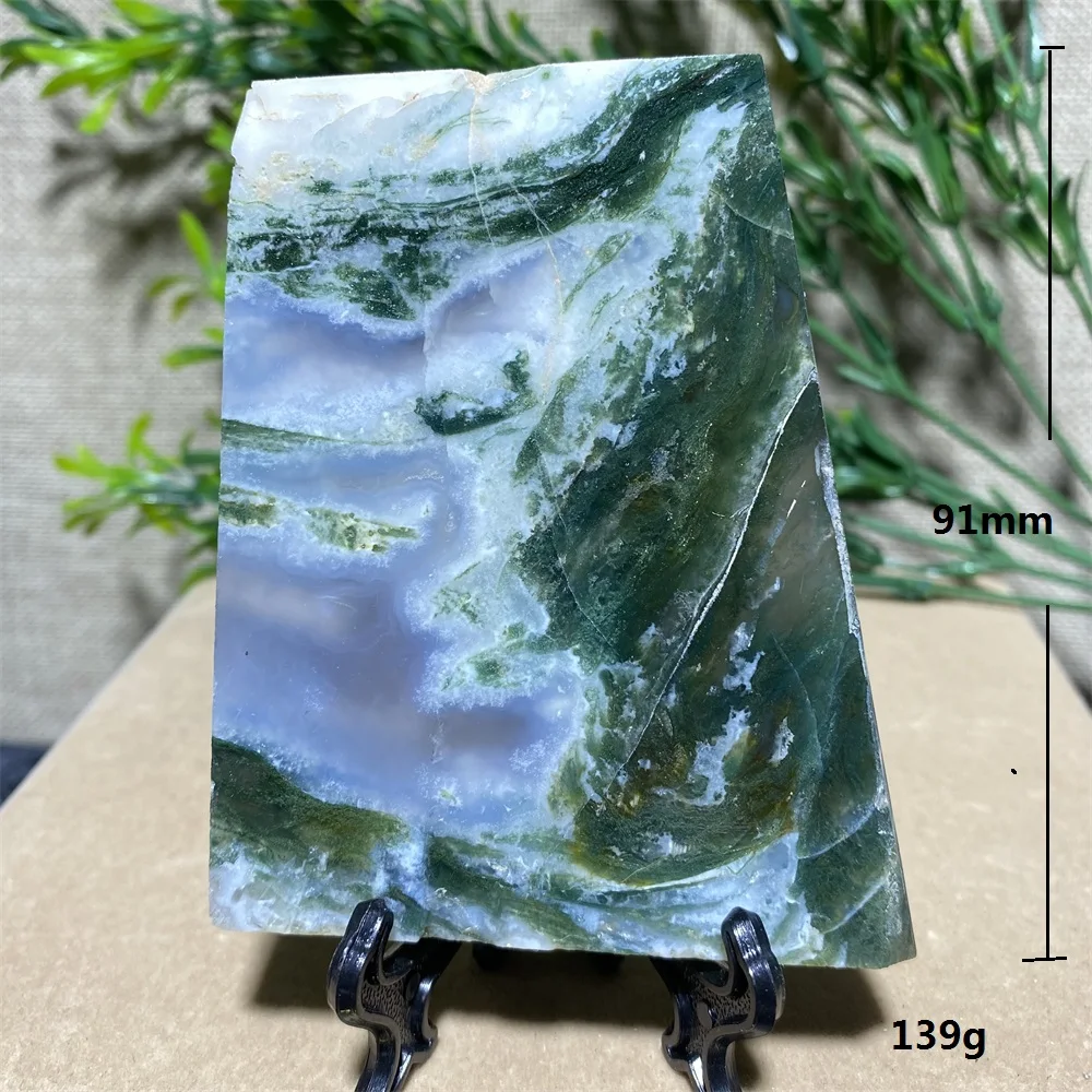 Green Moss Agate Slab Natural Stones Crystals Gemstone Meditation Geode Feng Shui Aesthetic Room Decor Home+Stand