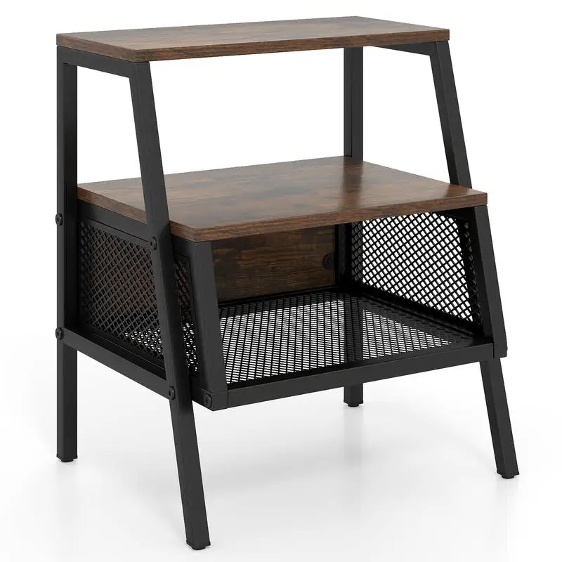 Industrial 3-Tier Nightstand with Metal Mesh Shelf, Rustic Brown End Table with Trapezoidal Steel Frame, Open Storage Side Table for Living Room Bedroom Sofa