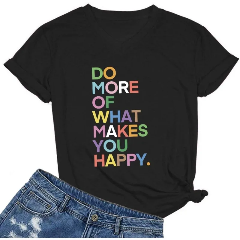 

Colorful Striped Letter Print Black T-Shirt Inspirational Graphic Women's Tee Essential Versatile Casual Loose-Fit Crew Neck Top