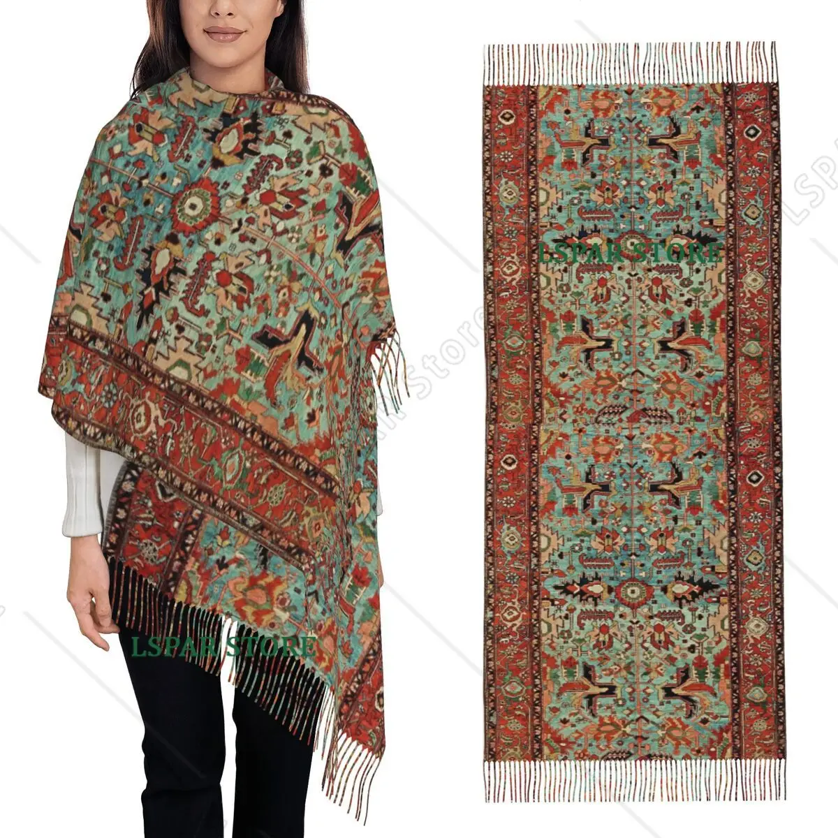 Antique Heriz Persian Carpet Print Scarf Tassel Scarves Women Soft Warm Shawls and Wraps Long Fall Winter Shawl Wrap