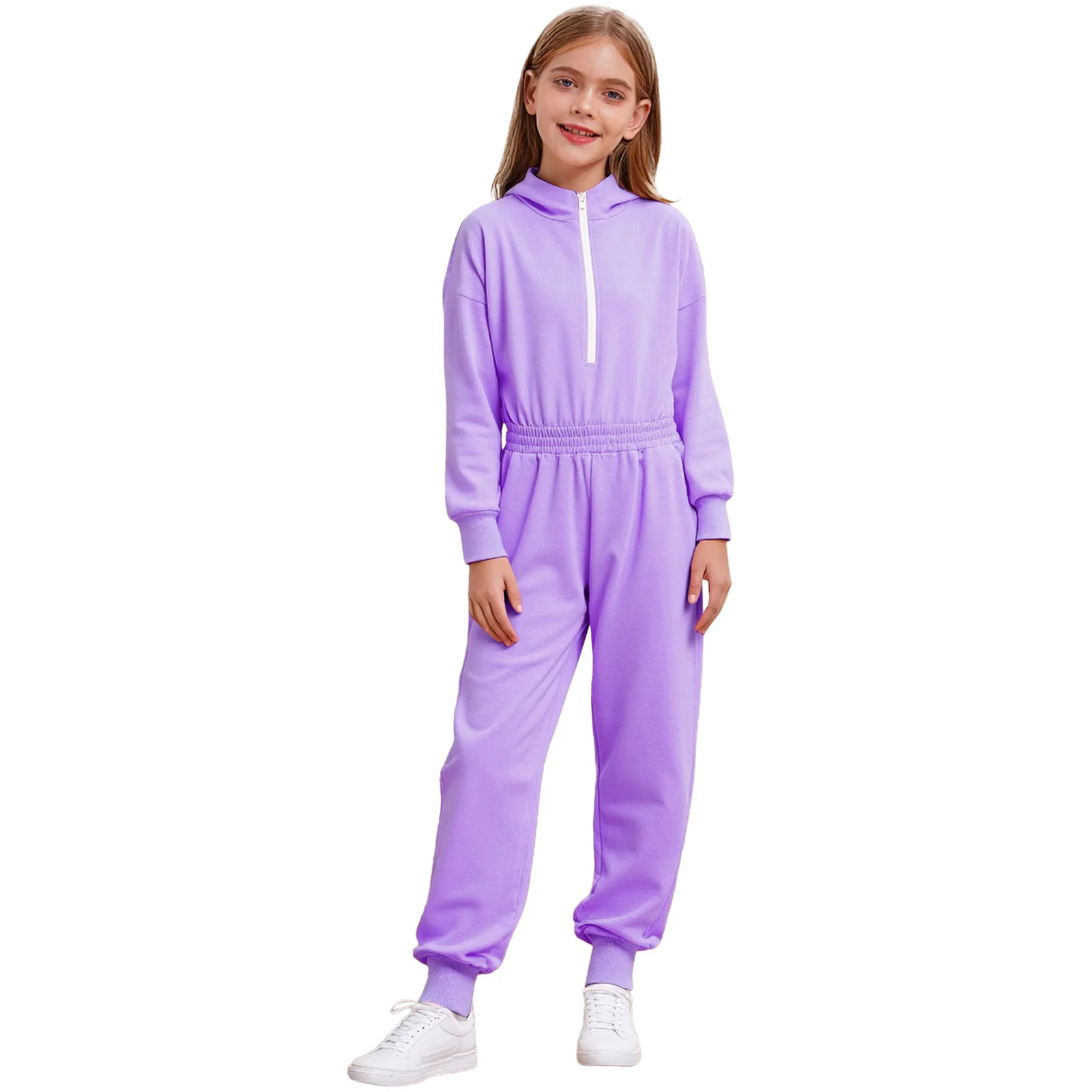 

Kids Girls Hooded Jumpsuit Casual Tracksuit Front Zip Long Sleeve Elastic Waist Rompers with Pockets for School Holiday Picnic