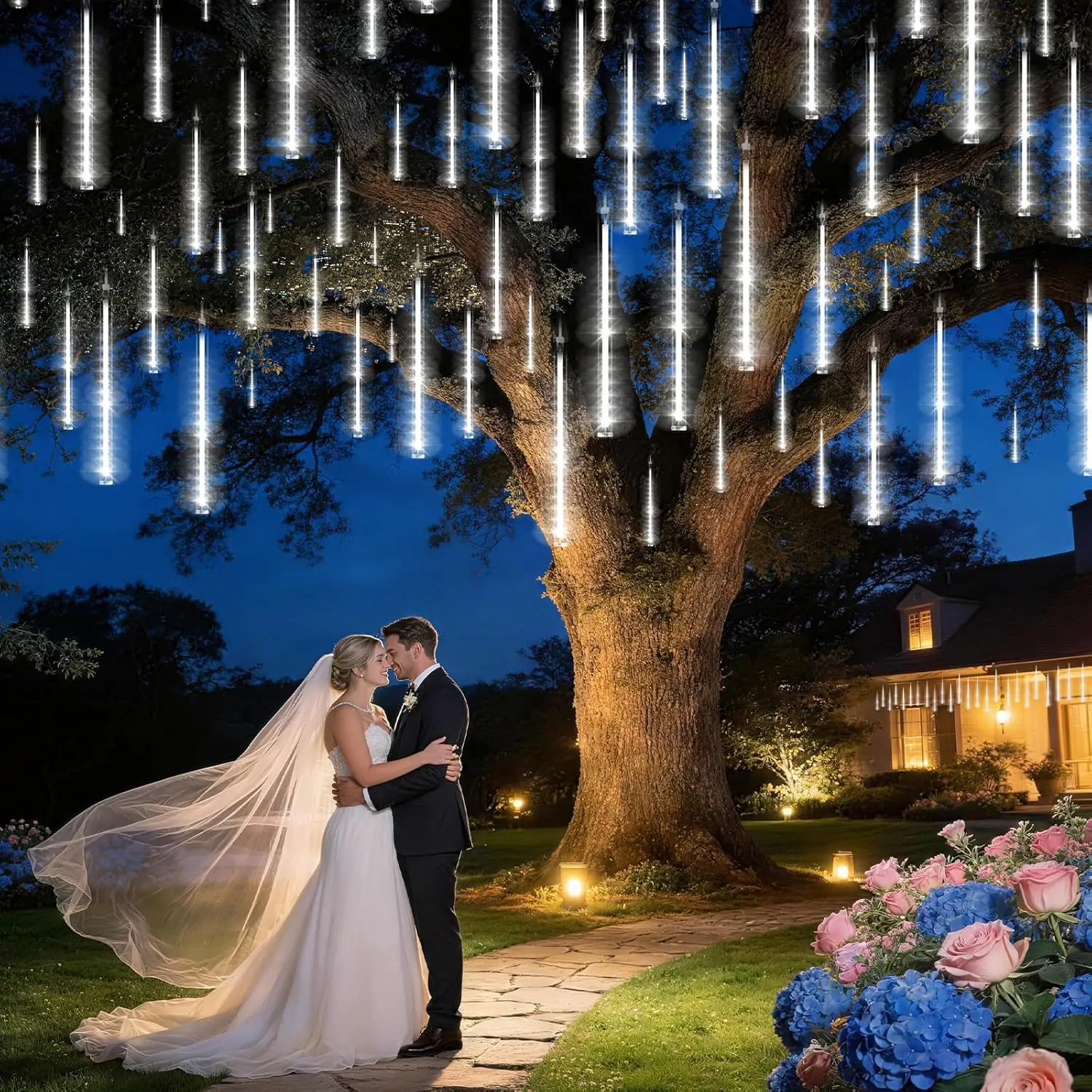 Solar-LED-Meteorschauer-Lichterkette für Außenbereich, Eiszapfen-Lichterkette für Weihnachtsbaum, Hochzeit, Party, Garten, Camping, Dekoration, Solarlampe – Detail 15