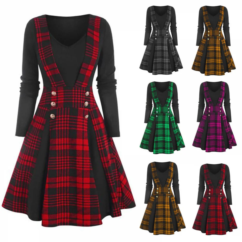 Steampunk Retro Women Dress Gothic Plaid Printed Dress V-neck Long Sleeves Vestidos Autumn Winter Fake Two-pieces Party Dress