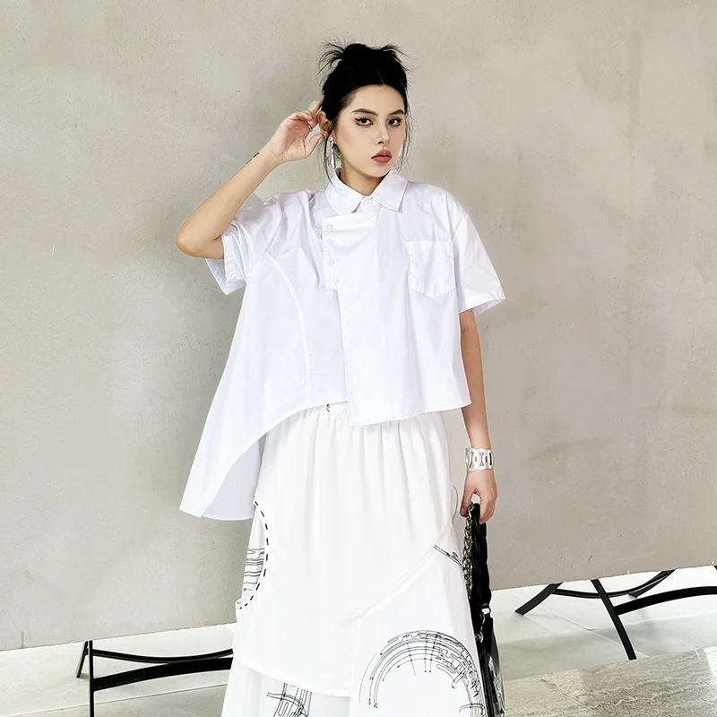 Chinese Style Button Up Irregular Short Sleeved Shirt 2024 Summer New Loose Versatile Minimalist Top LX1501