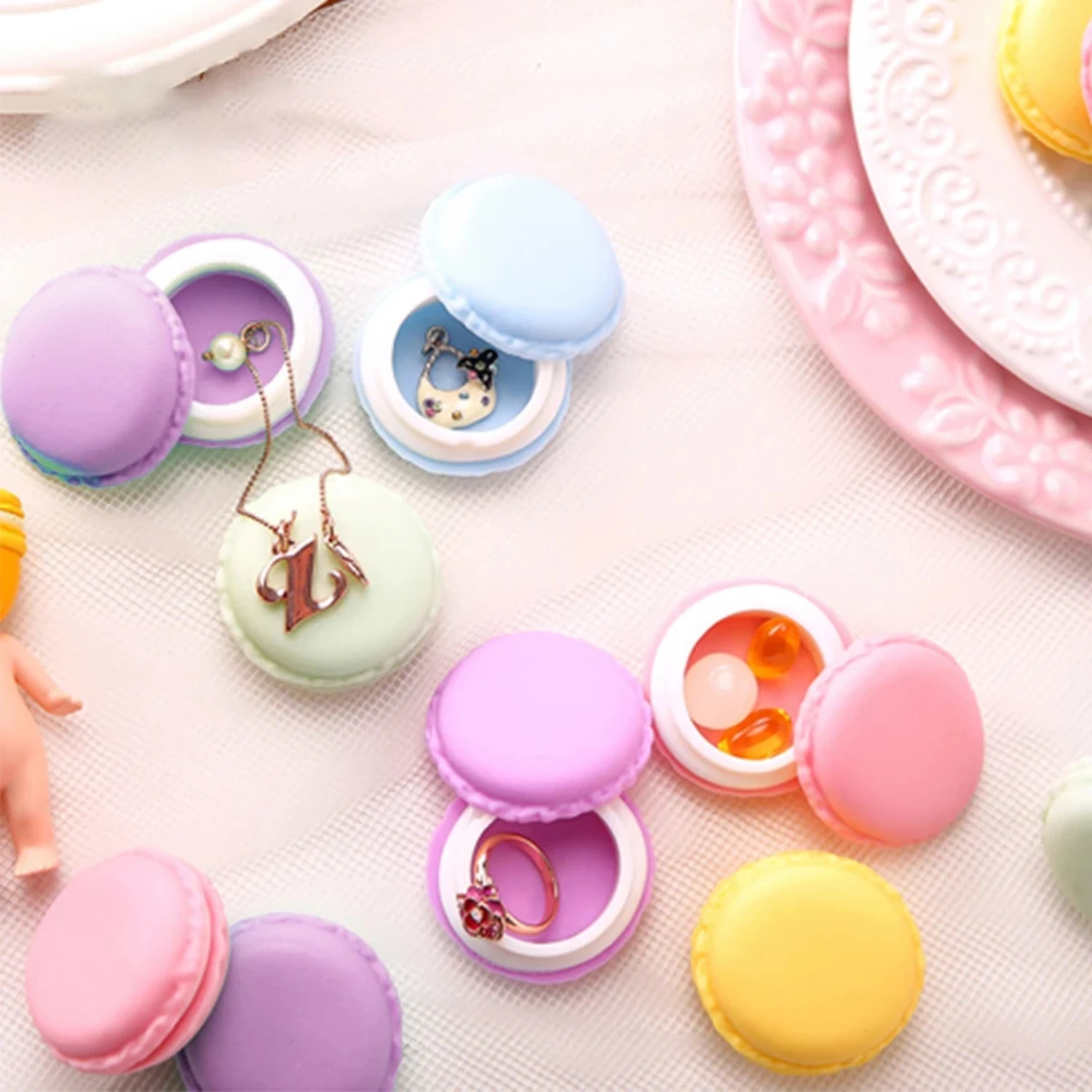 Mini Cake Shape Macaron Pill Earring Ring Jewellery Box Candy Round Medical Kit - 6 Pcs/Set Lovely Small Cute Assorted Colorful