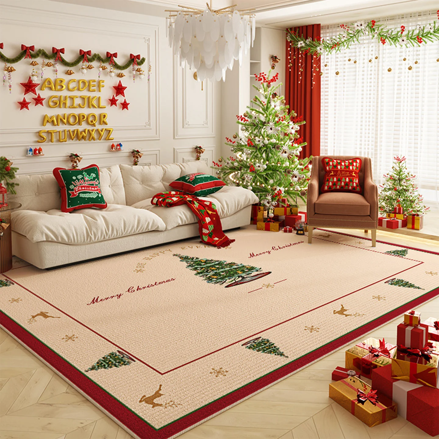 

Christmas Tree, New Year Holiday Atmosphere, Large Coffee Table Carpet, Living Room Carpet, Christmas Red Floor Mat
