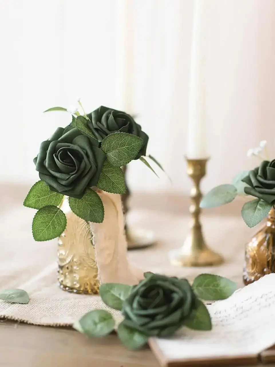 Mefier Artificial Wedding Flowers 25/50pcs Emerald Green Fake Foam Roses w/Stem for DIY Wedding Decor Centerpieces Bouquets