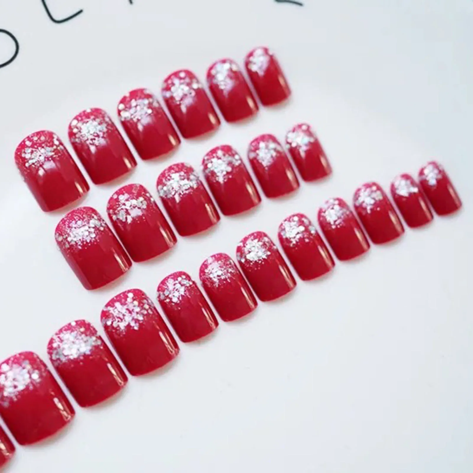 Glossy Red Fake Nails with Glitter Printed Sweet & Charming Reusable False Nails for Shopping Traveling Dating